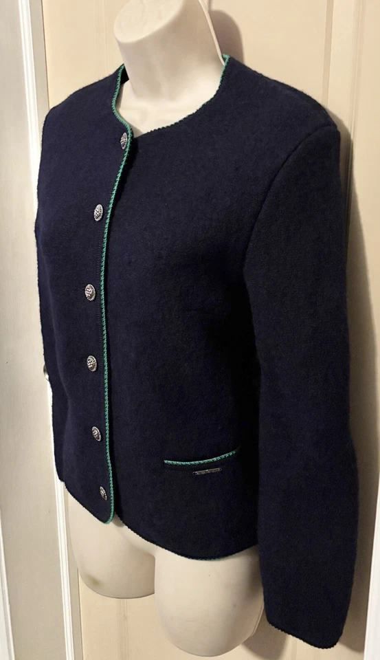 GEIGER Austrian Heavy Wool Jacket Cardigan Gorgeous Navy With Green Trim 38 8 - Image 4 of 4