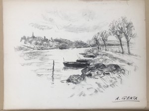 Détails Sur Dessin Original Fusain Paysage Mer Grand Format Albert Genta P3
