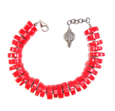 BARSE Sterling Silver .925 Red Coral Flat Disc Bead Bracelet!