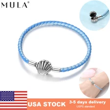 MULA Original 925 silver Shell Clasp Blue Leather Bracelet Women Charm Bracelet