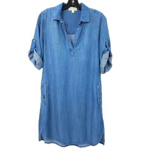 Cloth & Stone Tunika Oberteil Chambray Shirt Rollriegel Kurzarm Gr. S Taschen anthro - Bild 1 von 10