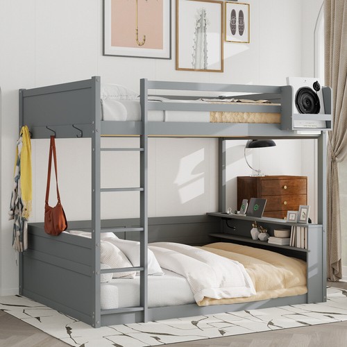 Queen Over Queen Size Wood Bunk Bed w/Storage Cabinets & Charging Station,White - Picture 19 of 48