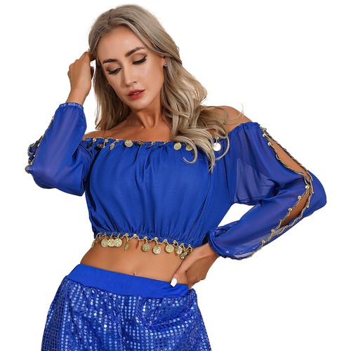 Womens Belly Dance Performance Tops Carnival Costume Split Long Puff Sleeve Crop - Picture 50 of 80