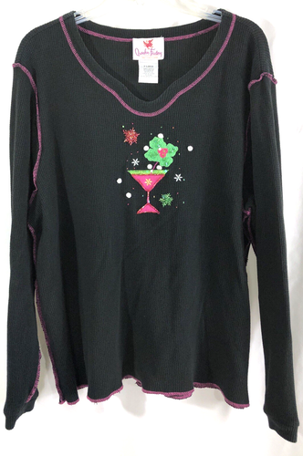 Quacker Factory Top Long Sleeve Party Theme Embroidery Black - Women Size XL