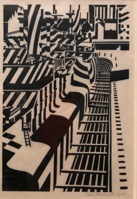 Turret Ship in Drydock by Edward Wadsworth - 1918 Woodcut Print - Industrial