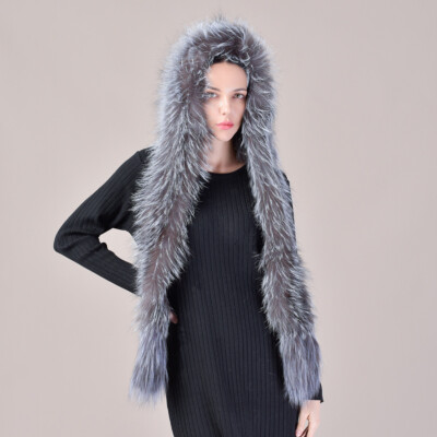 2023 Women Real Knitted Fox Fur Hat Hooded Scarf Long Neck