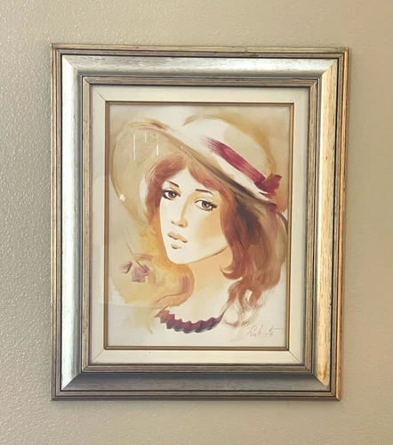 Vintage Signed Ruberto Woman in Hat Portrait Gouache on Canvas Framed 