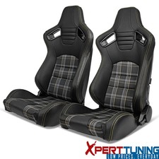 Universal Reclinable Racing Seat 2pc Dual Slider Pu Leather Yellow Plaid