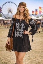 Boho Festival Dress Womens L  Brown Embroidered Peasant Hippie Gypsy