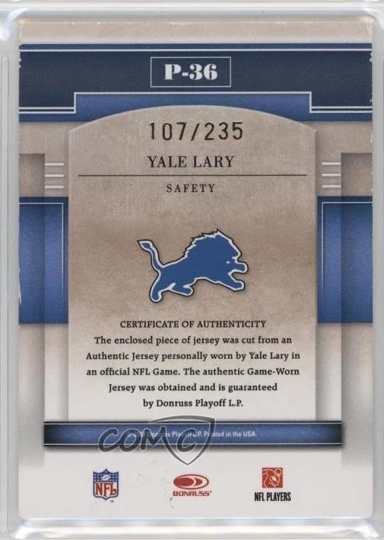 2007 Donruss Gridiron Gear Performers Jerseys /235 Yale Lary #P-36 HOF - Image 2 of 2