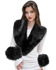 3Pcs Halloween Winter Faux Fur Collar Cuffs Set Black Fluffy Collar Scarf Fak...