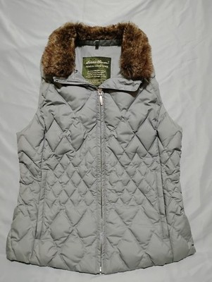 Eddie Bauer Premium Goose Down Vest Women's Size S Gray/Green Faux Fur