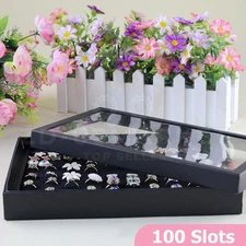 100 Slots Jewelry Ring Display Organizer Tray Holder Earrings Storage Boxes Case