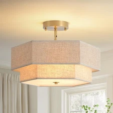 Modern Semi Flush Mount Ceiling Light 15.7" Boho Light Fixture with Linen Sha...