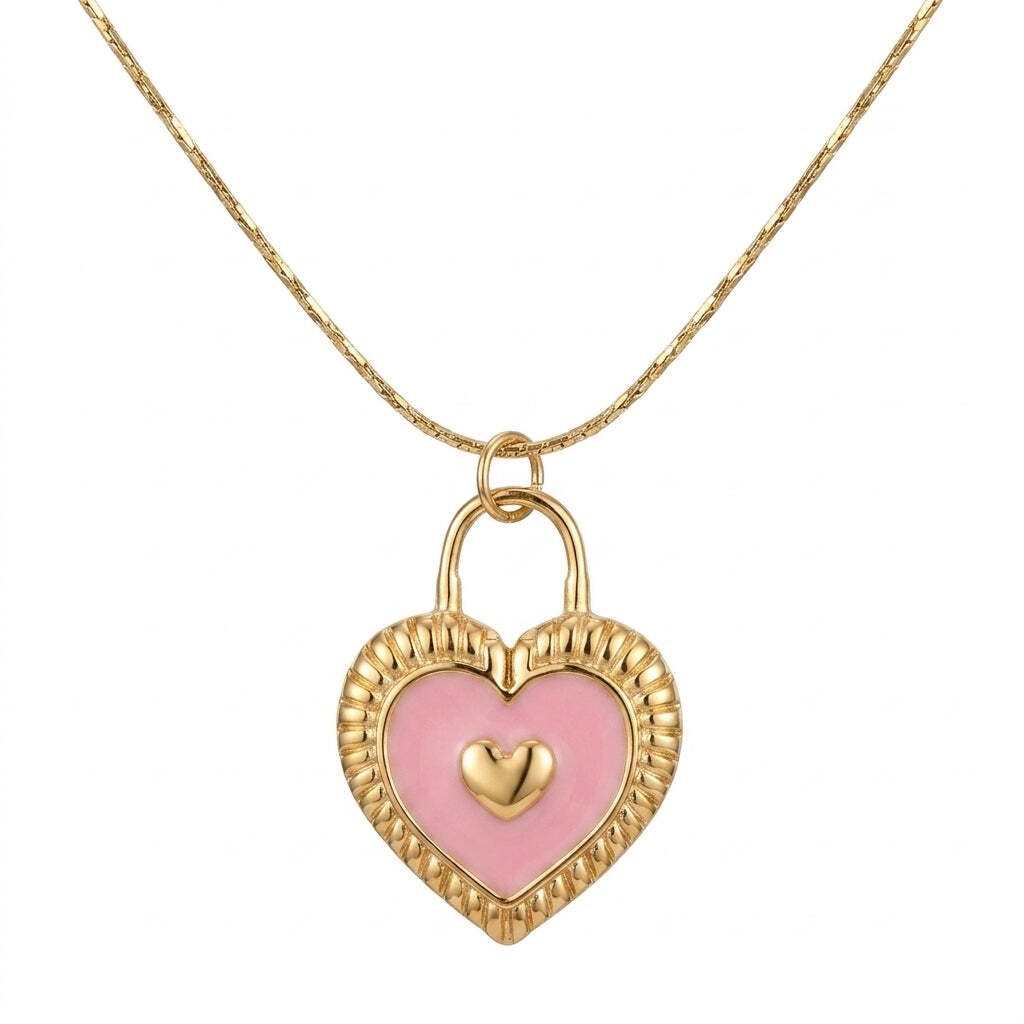 Gold-plated Stainless Steel Pendant with Pink Heart
