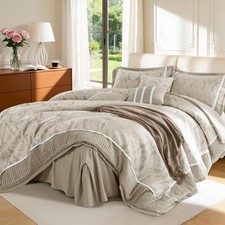 Queen Size Comforter Set 7 Piece, Jacquard Woven with Damask, Bedding Set in a