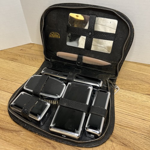 VTG Mens Travel Grooming Kit Cowhide Case 4 Cases Brush Comb Art Deco Chrome