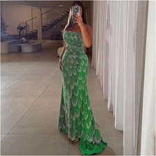 Emerald Green Beaded Sequin Mermaid Evening Gown, Strapless Formal Guest Dresses