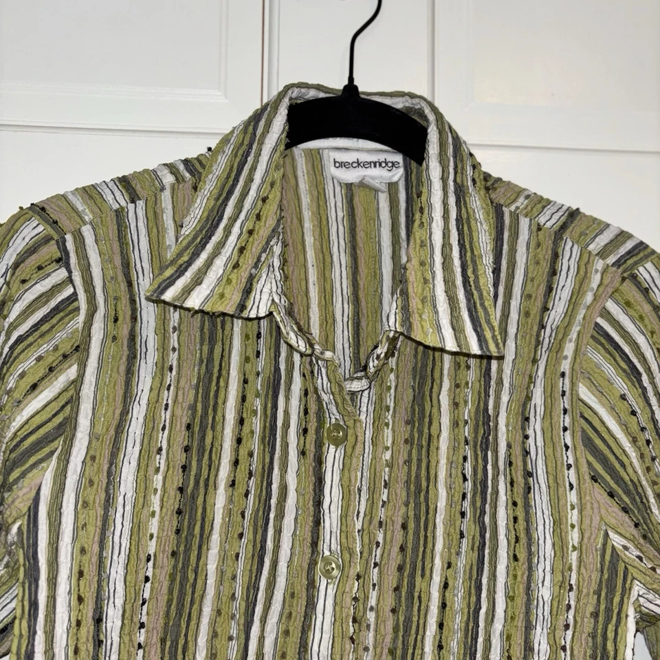 Blusa para mujer Breckenridge S verde blanco a rayas mezcla de algodón abotonada Foto 2 de 4