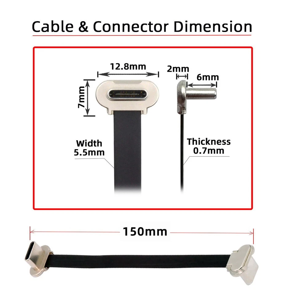 Angled USB-C Type C to USB-C Slim Flat Cable Power USB2.0 Data 65W Fast Charge - Image 2 of 4