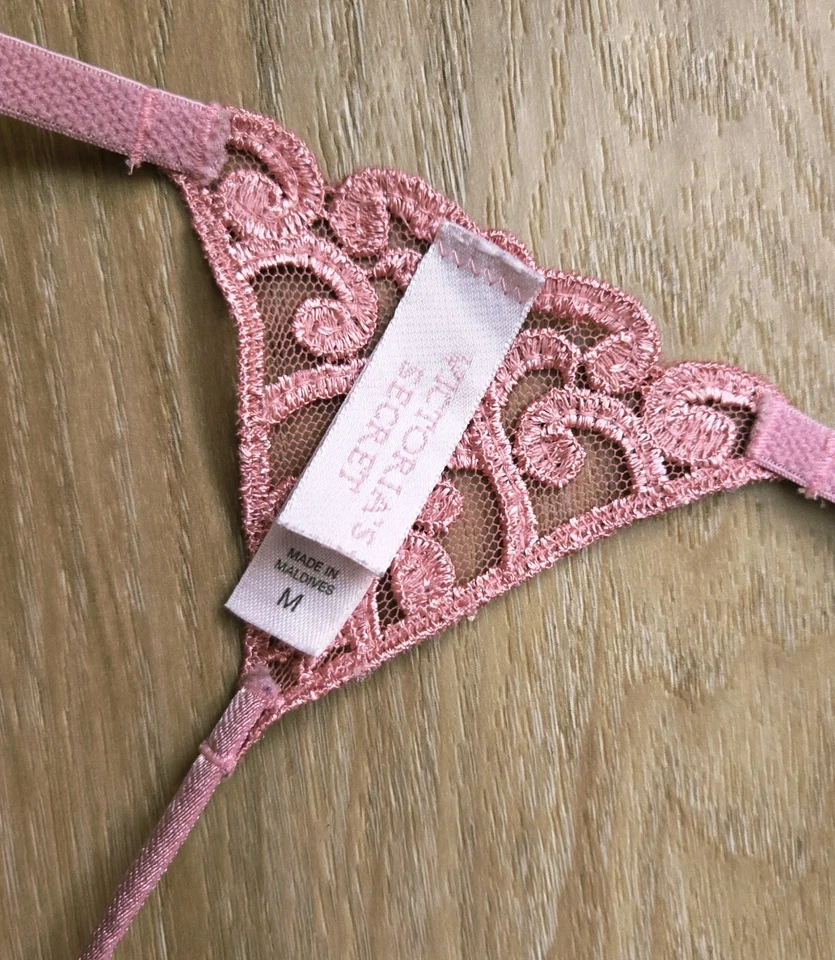 Rare Vintage Victoria's Secret Pink Sheer Lace Tiny Micro V-String Panties M - Image 3 of 3