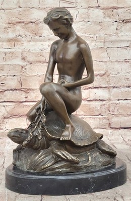 100% Bronze Statue Sculpture Nude Young Boy Fisherman Playing Turtles Art Decor