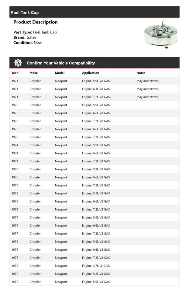 For 1971-1979 Chrysler Newport Fuel Tank Cap Gates 1972 1973 1974 1975 1976 1977 - Image 2 of 4