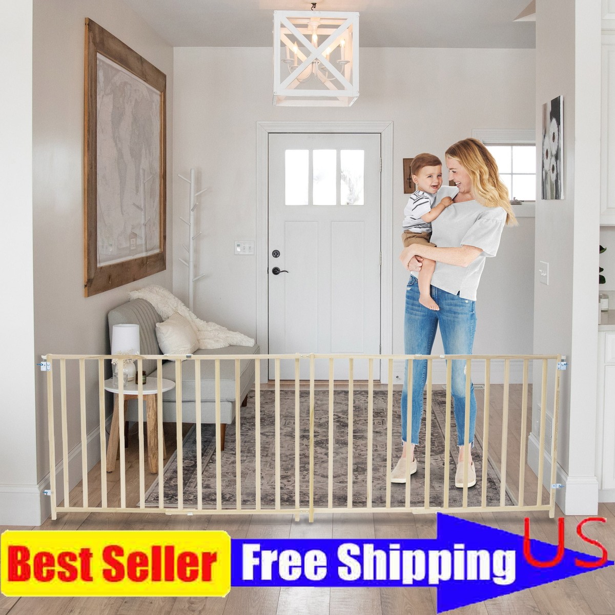 Baby Safety Gate Extra-Wide Swing 60-103 In Mounts Easily Securely