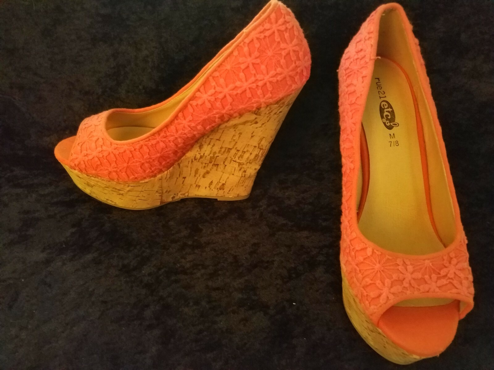 Rue 21 Size 7/8 Pink Salmon Crochet Peep Toe Slip On … Gem