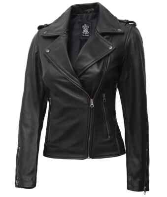 Damen Lederjacke schwarz asymmetrisch Biker Style 2XL