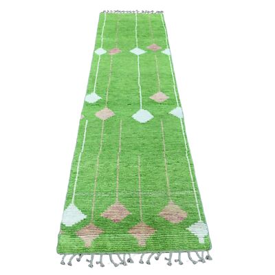 2'6''x9'1'' Green Moroccan Weave Kite Design Hand Knotted Wool Runner Rug R20747