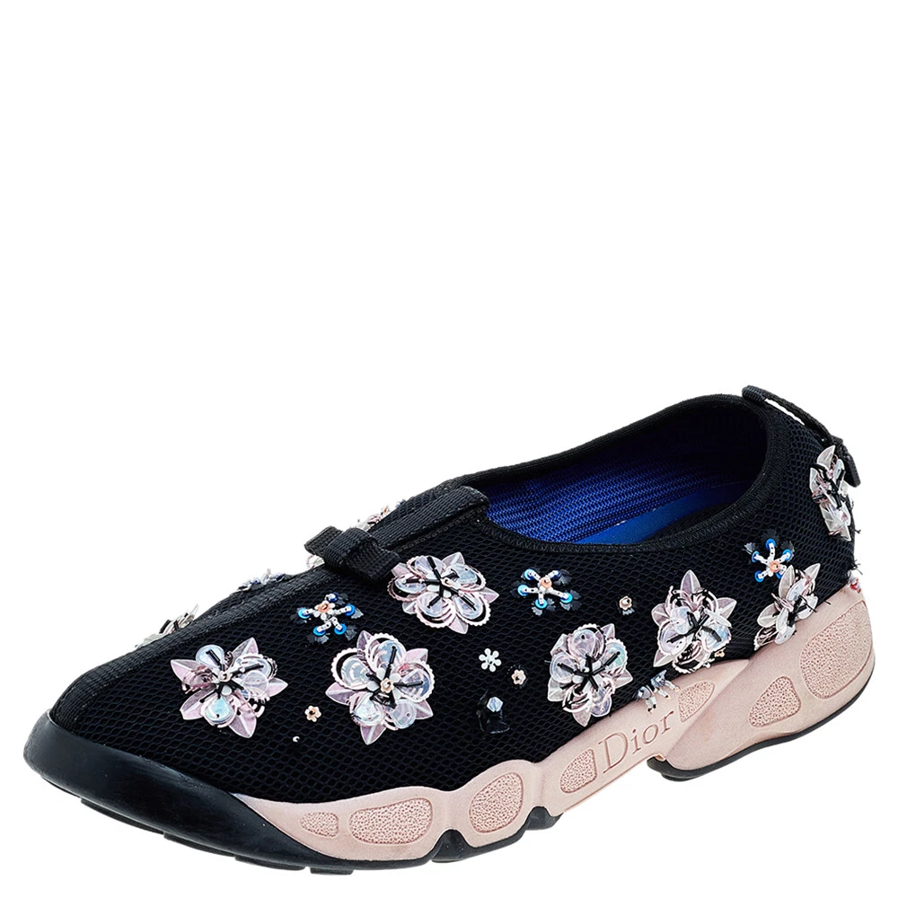 Baskets à enfiler en maille noire fusion florale embellie Dior taille 38