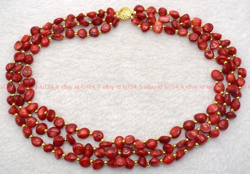 3 Rows Genuine 8x10mm Natural Irregular South Sea Red Coral Beads Necklace18-20" - Picture 11 of 12
