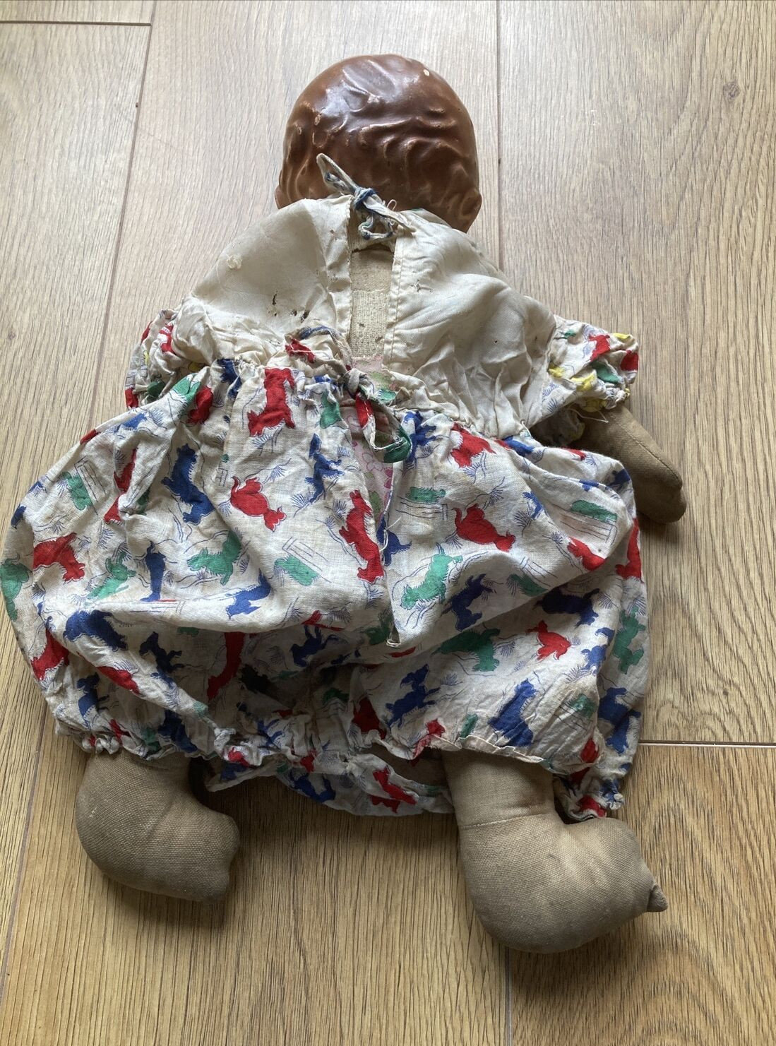 VINTAGE DOLL 1930s  with Dog Print Rompers & Floral Nappy 20