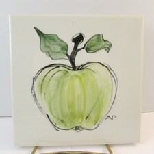 Hand Painted Vintage Tile Art 6x6 green apple trivet made in the USA