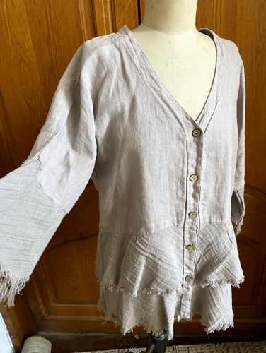 Imagine 100% Linen Lilac 3/4 Sleeve Top - One Size Button front Frayed Trim - Picture 2 of 7