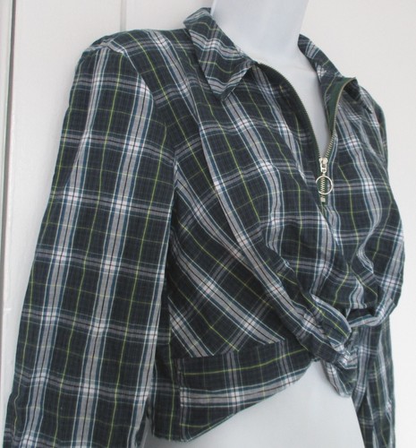 Plaid Crop Top Belly Knot Tie Collar Junior Size M Long Sleeves 1/2 Zip Timing - Picture 2 of 11