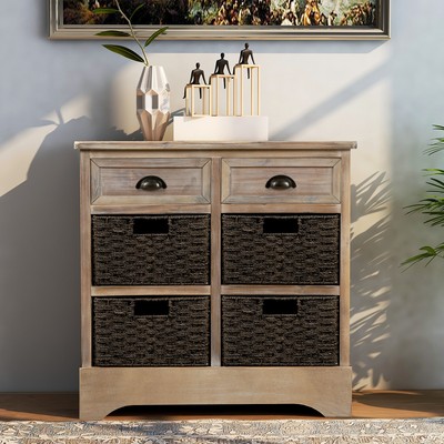 Merax Rustic Storage Cabinet Console Table With 2 Drawers And 4 Wicker Baskest Merax Rustic Storage Cabinet Console, Wicker Console Table With Drawers
