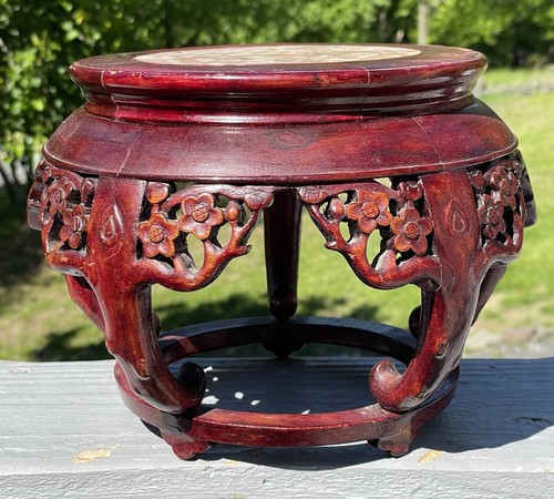 Antique Chinese Hand Carved Wooden Prunus Cherry Blossom Stand w/ Marble Stone - Picture 7 of 9