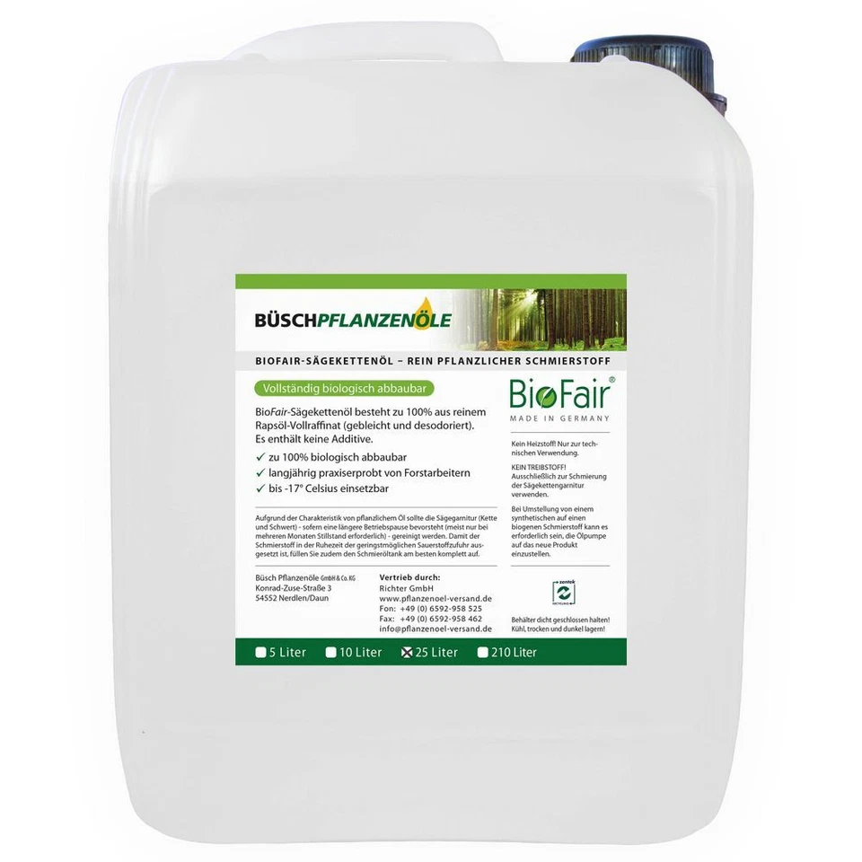 25L BioFair Sägekettenöl aus 100% reinem Rapsöl-Vollraffinat (1x25L)