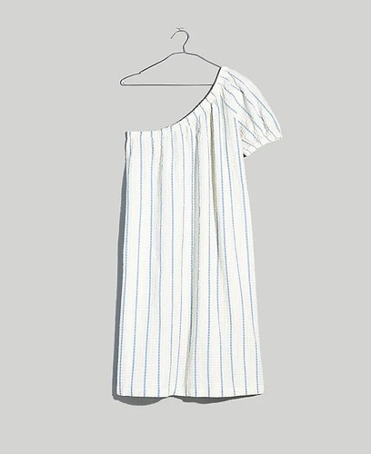 madewell Seersucker One-Shoulder Puffärmel Midikleid in Streifen Gr. M - Bild 2 von 10