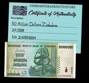 Zimbabwe 50 Million Dollars Replacement Banknote 2008 COA Authentic ZA0003059