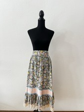 Vintage 70s Lace Trim Ruffle Midi Skirt Cottage Prairie Hippie Boho Coquette M