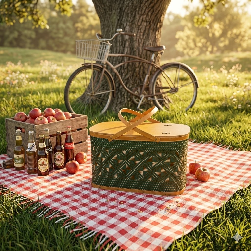 Vintage Picnic Basket Burlington Hawkeye Woven Lrg Green Wicker