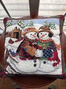 Vintage Needlepoint Snowman Birds Holiday Winter Decorative Throw Pillow Velvet