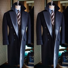 Cashmere Men's Overcoat Navy Blue Stand Up Collar Outdoor Winter Warm Long Coat