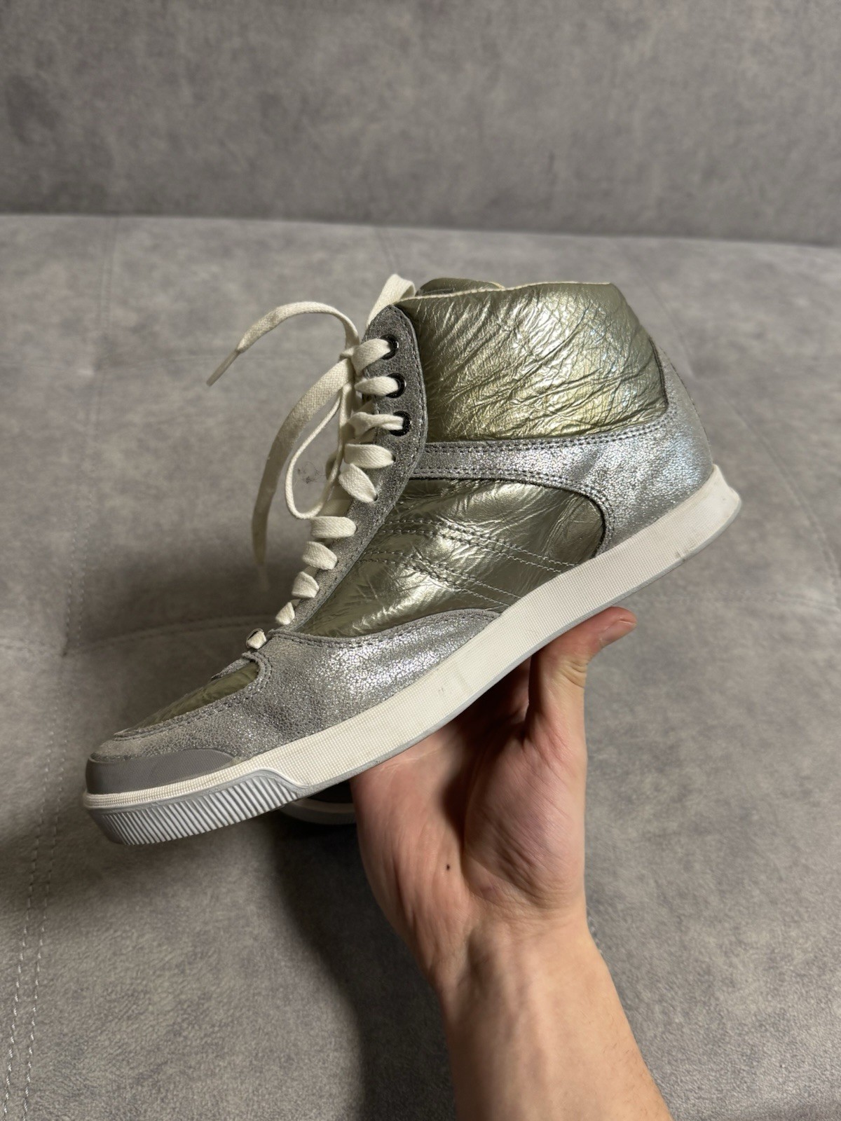 Vintage Diesel Y2K Silver Hi-top Sneakers Shoes Women’s 39 8.5 25.5 Avant Garde thumbnail 7