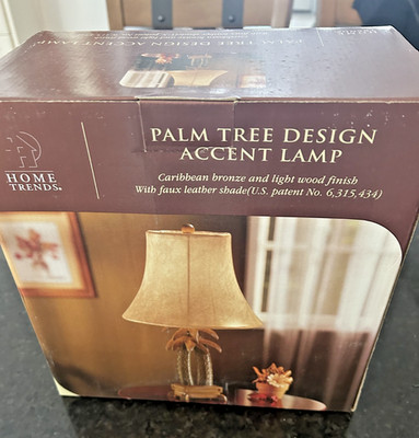 Palm Tree Accent Table Lamp 16  Tropical Caribbean Bronze Faux Leather Shade NIB