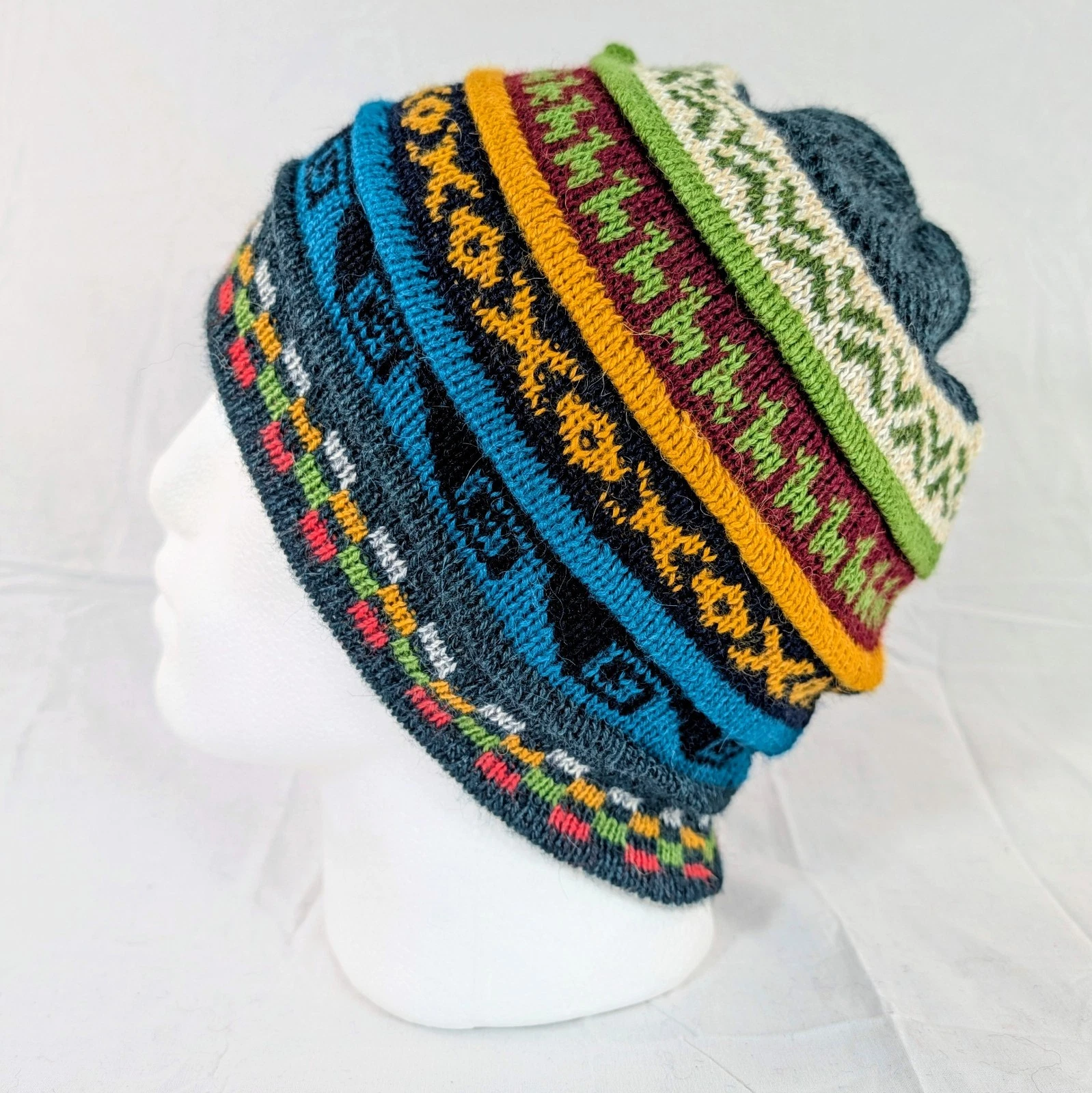 Soft Baby Alpaca Beanie Reversible Green Gray Unisex Colorful Boho Llama Peru