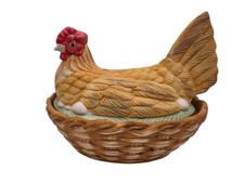Vintage Ceramic Bisque Hen On A Nest With Eggs 6" Split Tail Candy Dish Chicken